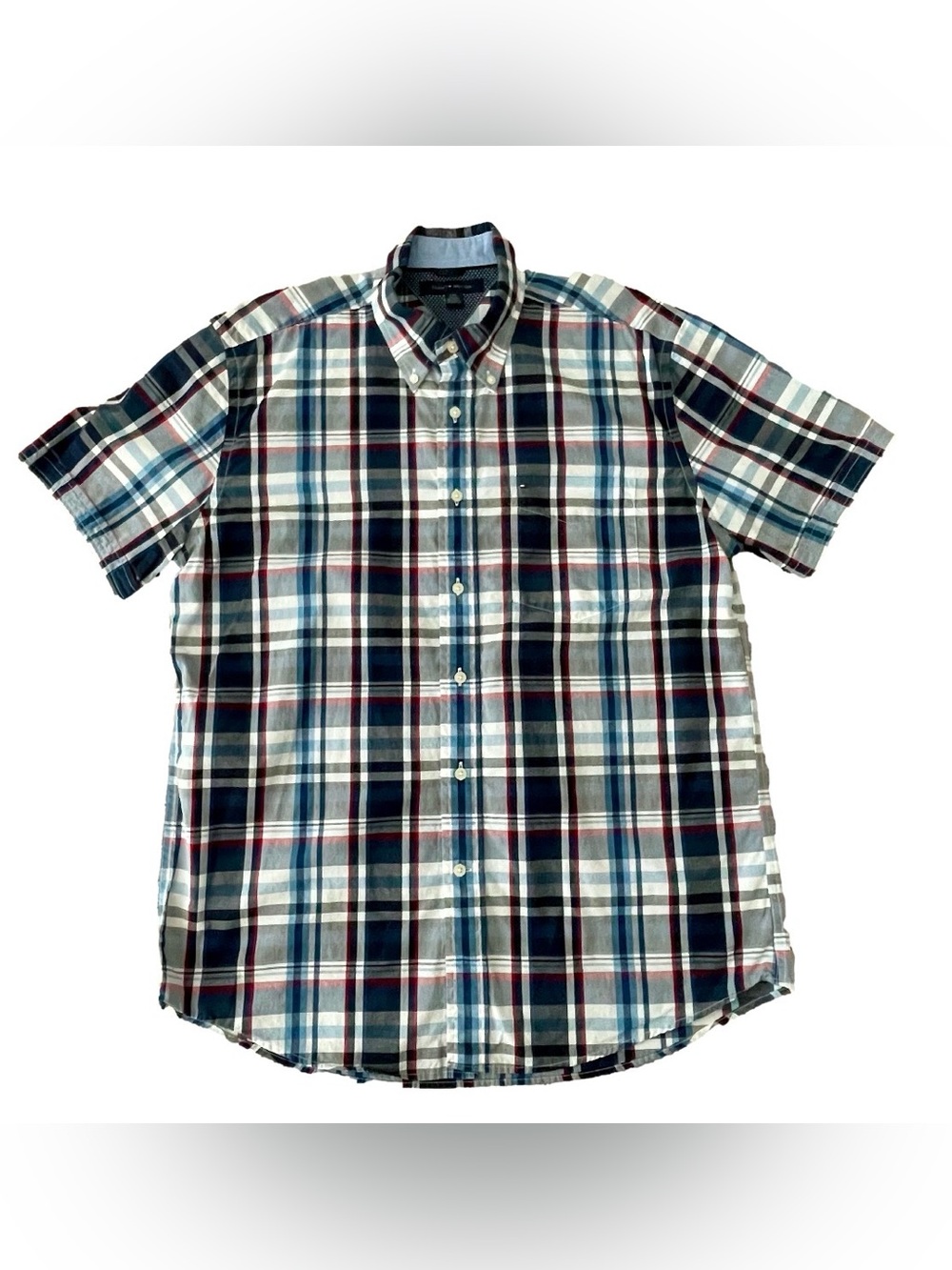 Tommy Hilfiger Navy & White Plaid Short-Sleeve Button-Down Shirt Men’s L NWOT - Picture 2 of 12